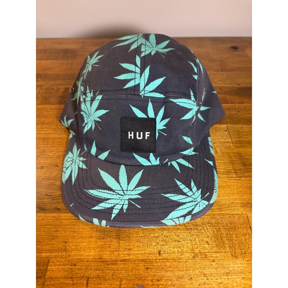 HUF Plantlife Box Logo 5 Panel Strapback Hat Navy Green Weed Print Cap USA Made